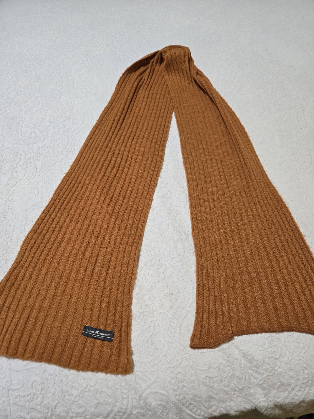 Fiori Di Firenze Made In Italy Ribbed Knit Scarf in Camel Brown